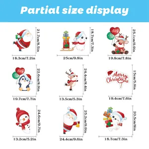 Size chart showing dimensions for 9 Christmas window stickers including Santa and reindeer