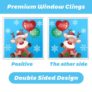 Detailed double-sided Santa deer window clings showing positive and back view for Christmas