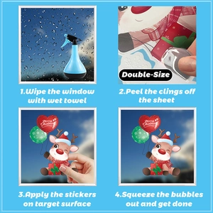 Installation guide for double-sided Christmas window stickers with deer and balloon motifs