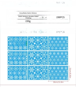 Infographic showing 9 sheets of white snowflake window clings with size and count details