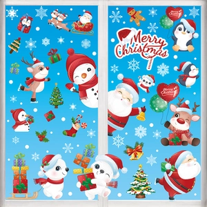 Close-up of PVC Christmas window stickers featuring Santa, reindeer and snowman decals