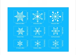 Detailed size chart showing specific dimensions for various white snowflake window stickers