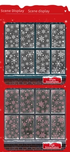 Detail of snowflake static window stickers in white and pink for Christmas window decor