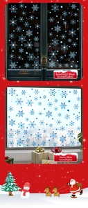 Detailed views of gradient and starry blue snowflake static stickers on glass windows