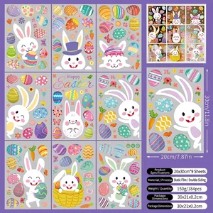 Detailed size guide for 9 sheets of Easter static window clings with bunny and egg motifs