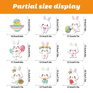 Detailed size chart showing dimensions for Easter bunny and chick window stickers in inches and cm