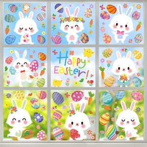 Easter Window Clings Static PVC Stickers Double Sided Cartoon Bunny Rabbit Colorful Eggs Gnomes Decorative Decals For Glass