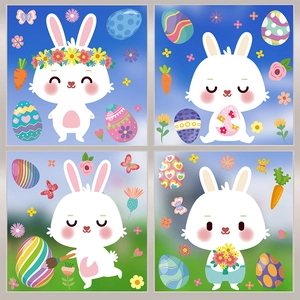 Easter window stickers set featuring cute cartoon bunnies with colorful eggs and flowers