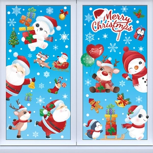 Cartoon Santa Claus and reindeer Christmas window stickers set with Merry Christmas text