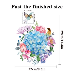 Detailed size specifications for watercolor floral and bird waterproof wall stickers