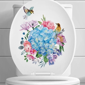 Watercolor Floral Bird Toilet Lid Sticker Waterproof PVC Removable Bathroom Wall Decal Home Decor