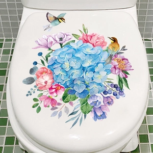 Waterproof floral toilet seat sticker with watercolor birds and flowers on white lid