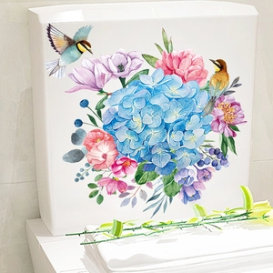 Waterproof wall sticker featuring watercolor birds and blue hydrangea for toilet decor