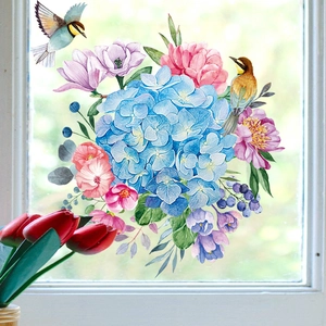 Close-up of waterproof floral window decals featuring blue hydrangeas and birds on glass