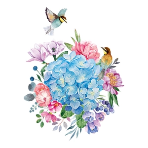 Detail of waterproof watercolor flower and bird wall sticker for bathroom decor