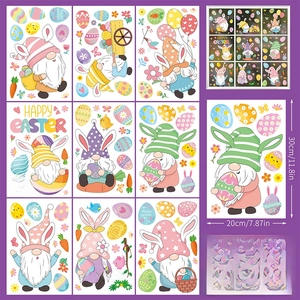 Detail of Easter static window clings with cartoon gnomes and colored eggs, 9 sheets set