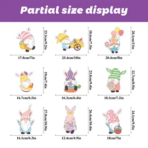 Size guide for Easter gnome stickers showing nine cartoon patterns and exact measurements