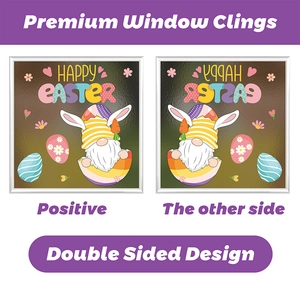 Double sided Easter window clings with colorful eggs and gnomes for festive glass decoration