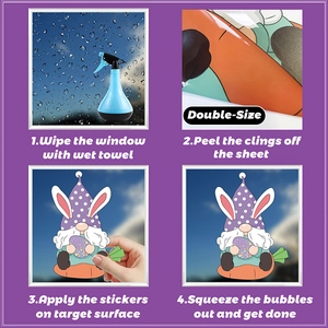 Step-by-step guide showing how to apply double-sided Easter gnome window clings to glass