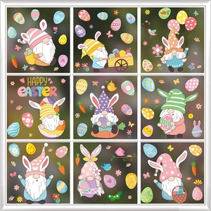 Detail showing Happy Easter window stickers with gnomes, colorful eggs, and bunny ears