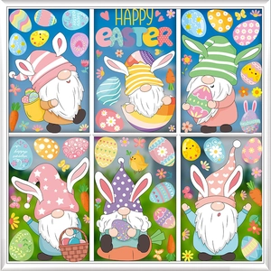Easter window clings featuring cute gnomes with bunny ears and colorful eggs for home decor