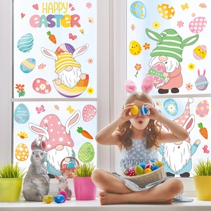 Cute Easter window stickers featuring cartoon rabbits, gnomes, and colorful eggs for decor