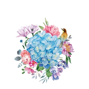 Watercolor wall sticker featuring blue hydrangeas, pink peonies, and a songbird on white back