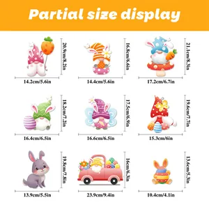 Size chart showing height and width details for Easter bunny and gnome window stickers