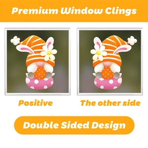 Detail of double sided Easter gnome window clings with bunnies and daisies for home decor