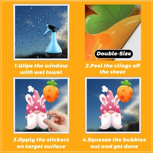 Step-by-step guide for applying Easter gnome and rabbit stickers on glass surfaces