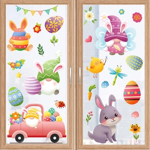 Easter window stickers featuring gnomes, colorful eggs and bunny on wooden glass door