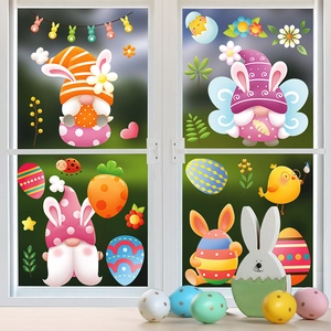 Easter gnome and colorful eggs static window stickers for festive home decoration