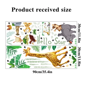 Vue détaillée des stickers muraux animaux avec dimensions et plan de pose en PVC