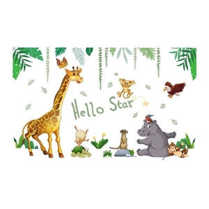Stickers muraux animaux de la jungle avec girafe et hippopotame et texte Hello Star