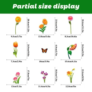 Detailed size chart for spring flower and butterfly static window clings showing measurements