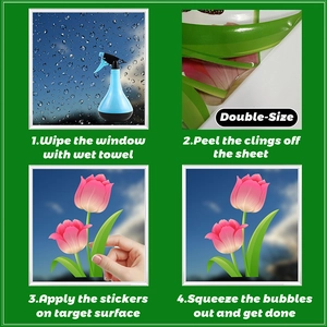 Detailed four-step installation guide for pink tulip static flower window stickers