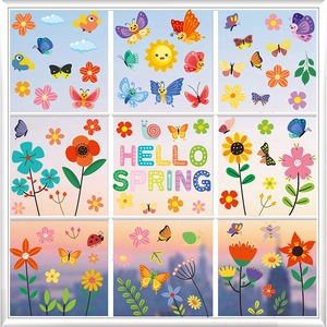 Detail of Hello Spring static window clings featuring colorful cartoon flowers and insects