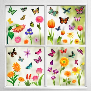 Spring butterfly and floral static window clings set for glass door home decoration