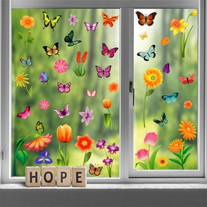 Spring flower and butterfly static window clings on glass with a scenic garden backdrop