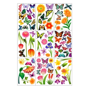 Detailed 9-sheet set of colorful spring flower and butterfly static window clings for glass