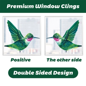 Detailed view of hummingbird window clings showing the high-quality double sided design