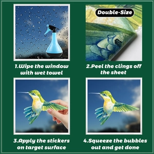 Step-by-step guide showing how to apply double-sided hummingbird window static stickers