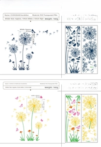 Detailed size chart for dandelion and butterfly PVC wall stickers with dimensions