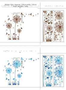 Size chart for dandelion wall stickers showing PVC dimensions and layout for home decor