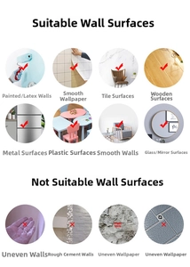 Detailed application guide for wall stickers showing suitable and unsuitable surfaces