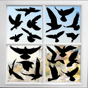 Set of 16 black hummingbird window stickers for bird strike prevention on glass doors