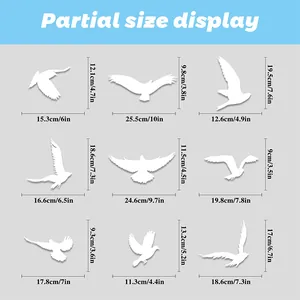 Detailed size guide for 9 white hummingbird anti-collision window clings in centimeters and inches