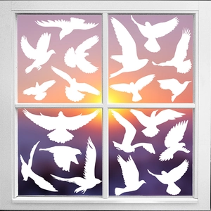 White anti-collision window stickers with 16 hummingbird silhouettes for glass protection
