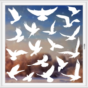 White hummingbird anti-collision window clings with various bird silhouettes on glass