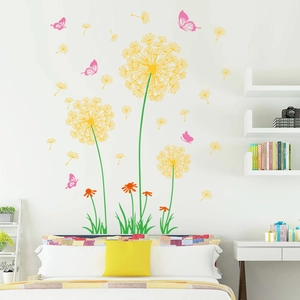 Vibrant dandelion wall stickers with pink butterflies for modern bedroom wall decor